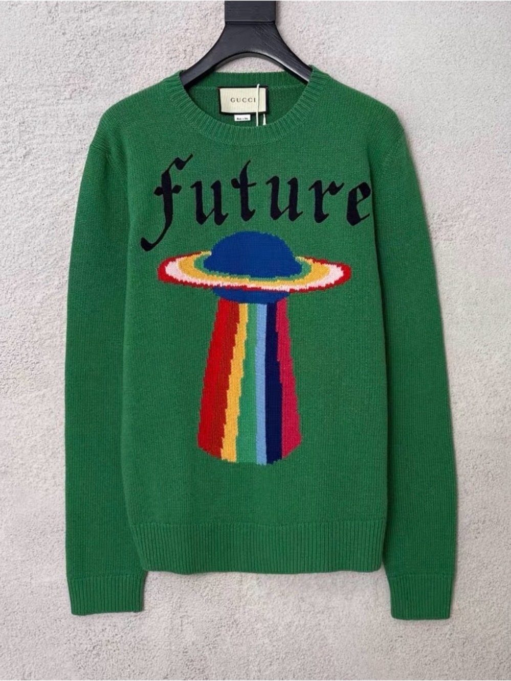 🚩steal Gucci Green Crewneck Sweater with Rainbow UFO Graphic